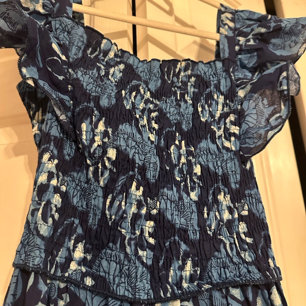 Blue and White Smocked Off-Shoulder Maxi Dress